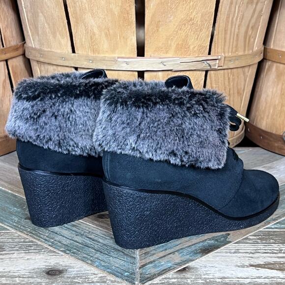 Cole Haan Coralie Wedge Faux Fur Black Suede Waterproof Ankle Boots Women Size 8 - Picture 5 of 12